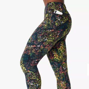 SWEATY BETTY 7/8 Power Workout Leggings In Black Heather Floral Print Size S